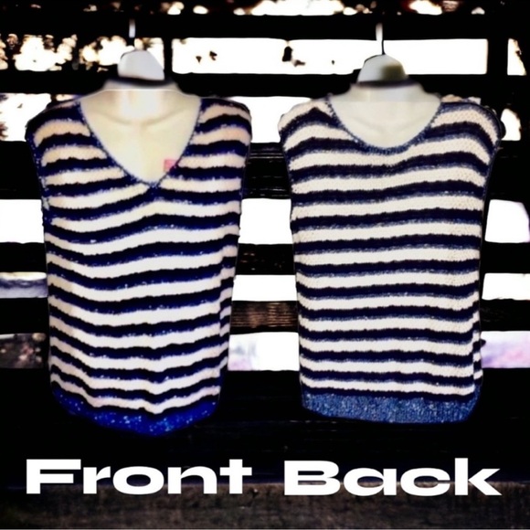 Sweater Vest V-Neck Navy Cream Light Blue Sparkly Striped Crochet Knit Size M - Picture 7 of 16